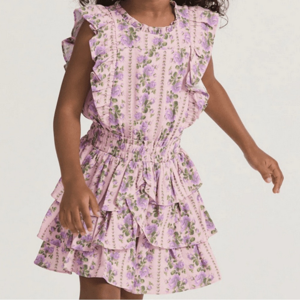 LoveShackFancy Pink and Purple Floral Ruffle Dress